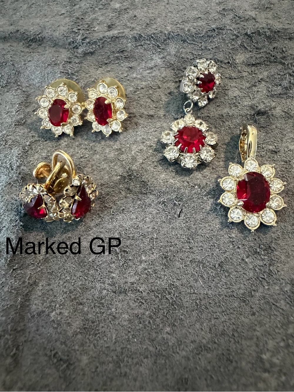 Vintage 1970’s Simulated Rubies & CZ Earrings & Pendant Lot